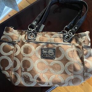Coach Brown Signature Canvas Shoulder Bag with Black Leather Straps